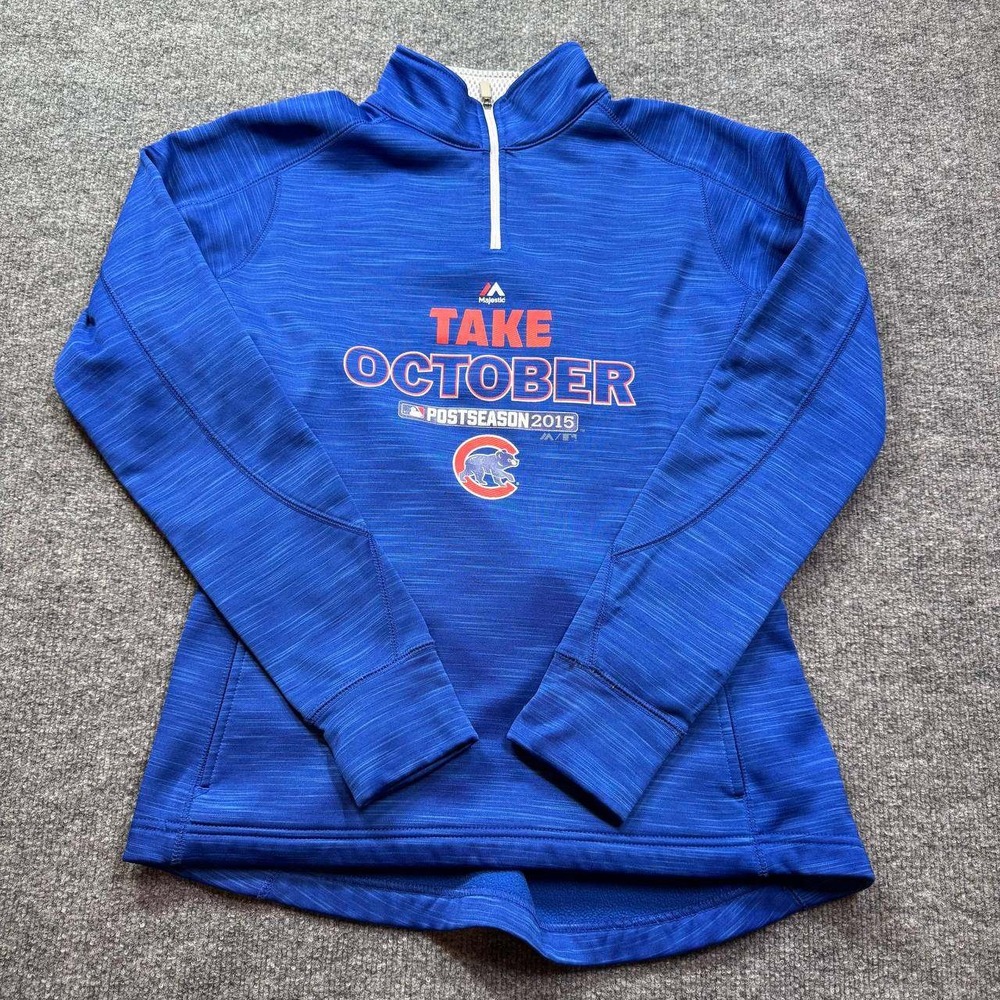 Majestic Chicago Cubs 2015 PostSeason Sweawter Mens M Blue Pullover Quarter Zip